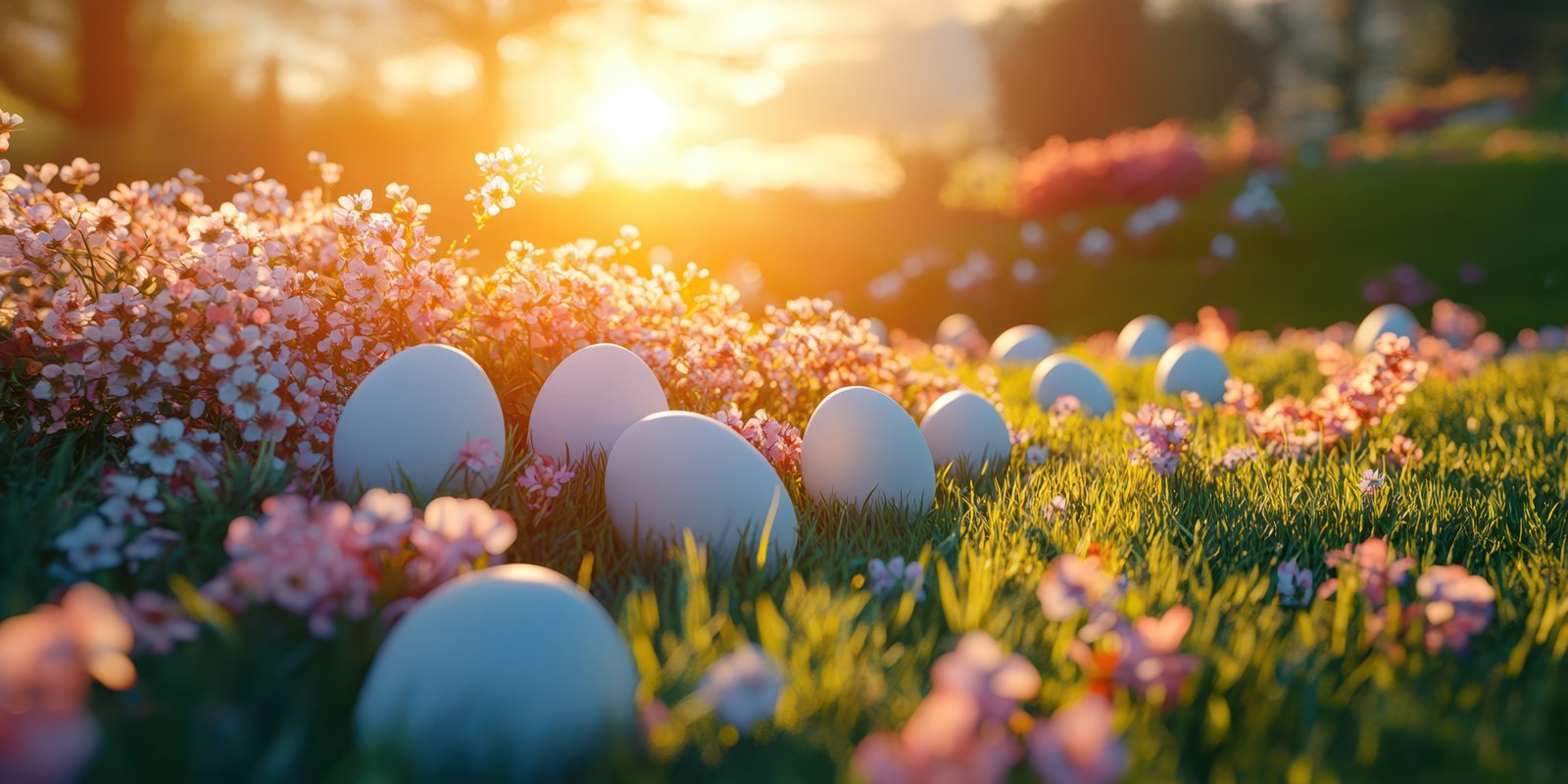 Colorful flowers and eggs in a sunlit field during springtime celebration